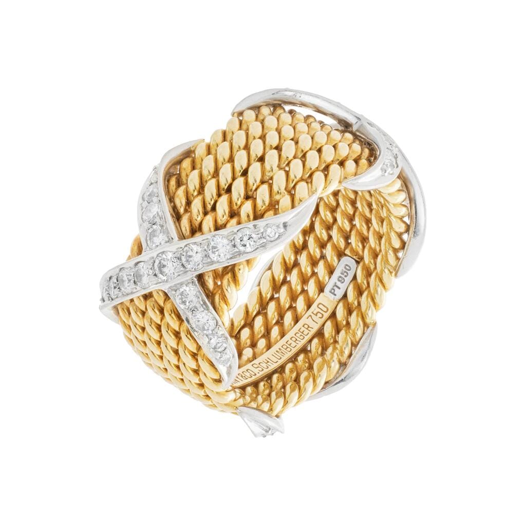 Gold, Platinum and Diamond Rope Six Row X Band Ring