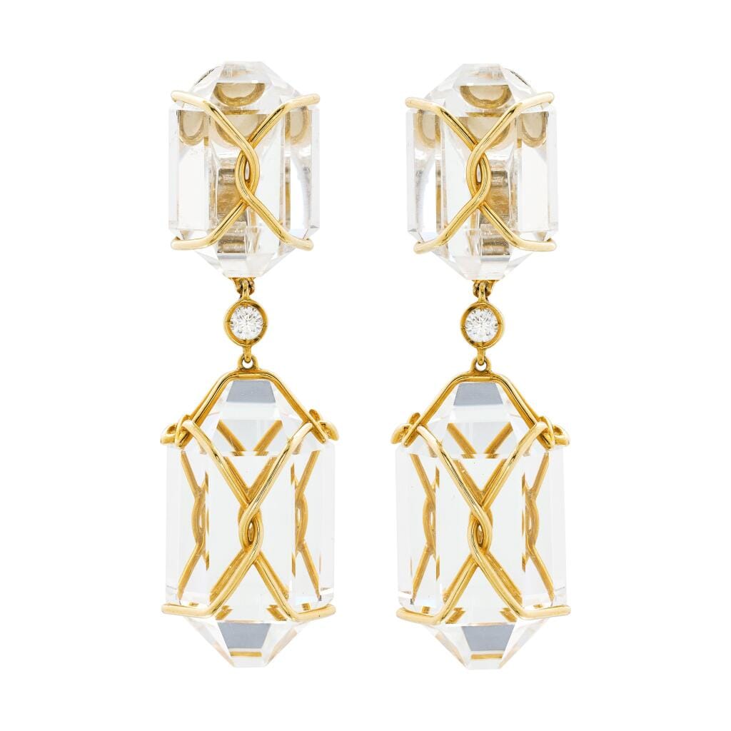 Gold, Rock Crystal Quartz and Diamond Drop Earclips