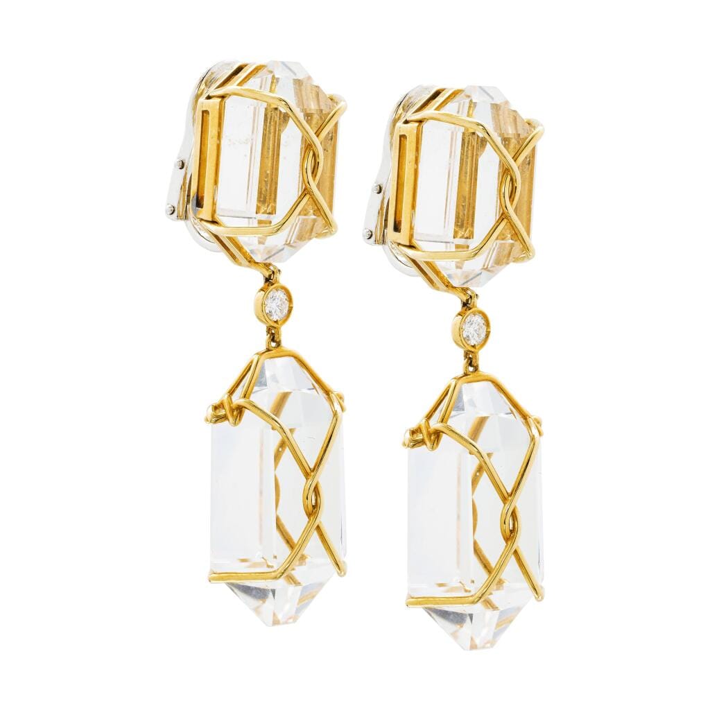 Gold, Rock Crystal Quartz and Diamond Drop Earclips