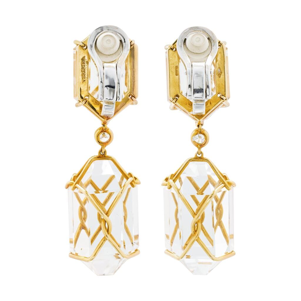 Gold, Rock Crystal Quartz and Diamond Drop Earclips