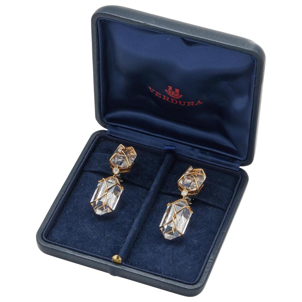 Gold, Rock Crystal Quartz and Diamond Drop Earclips