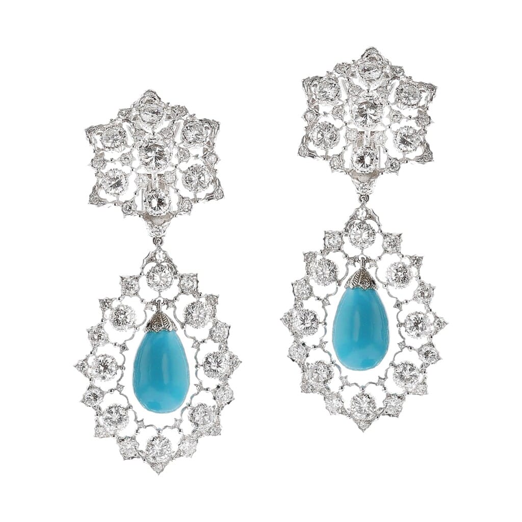 White Gold, Turquoise and Diamond Drop Earrings