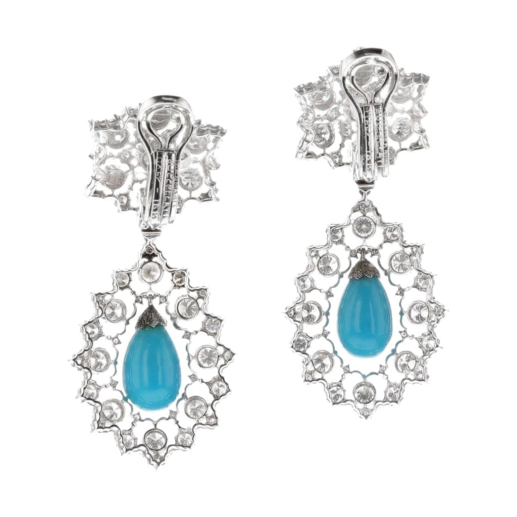 White Gold, Turquoise and Diamond Drop Earrings