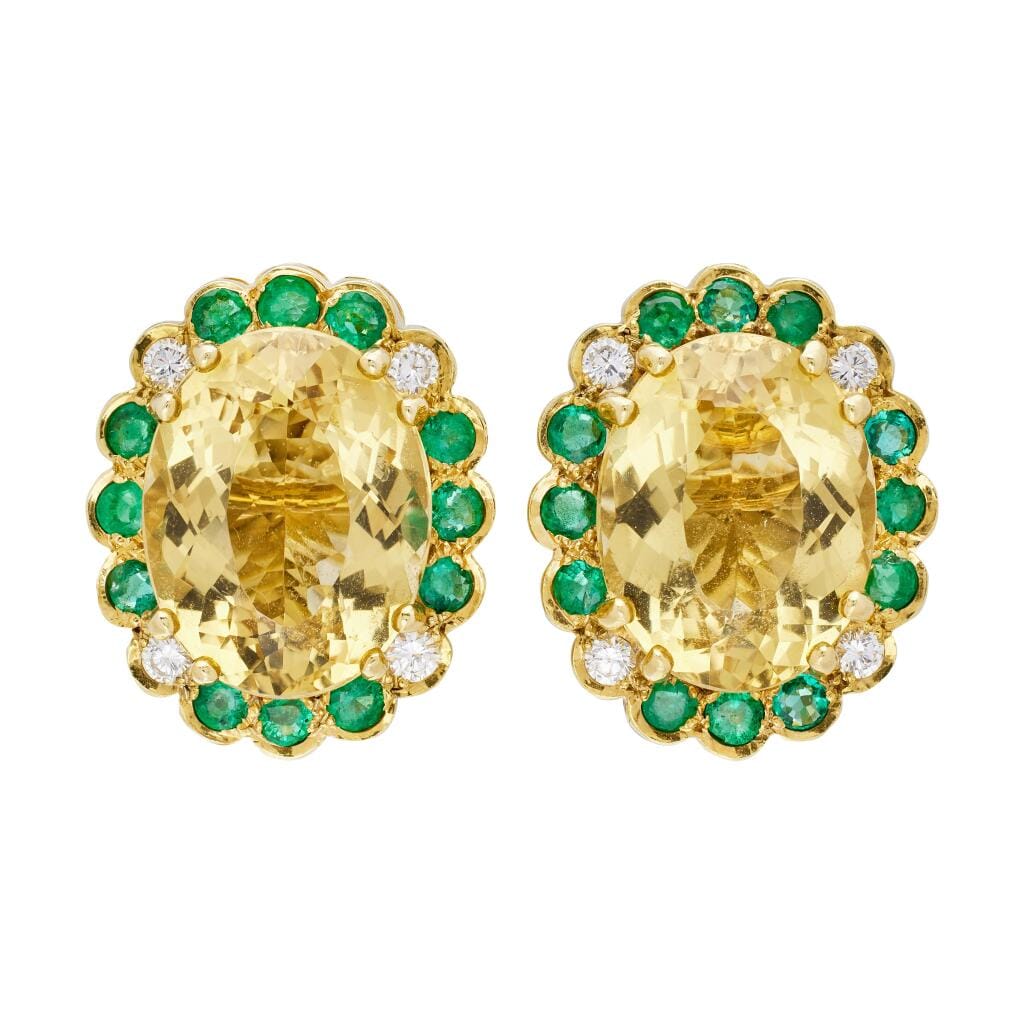 Gold, 14.00ctw Heliodor, Emerald and Diamond Earclips
