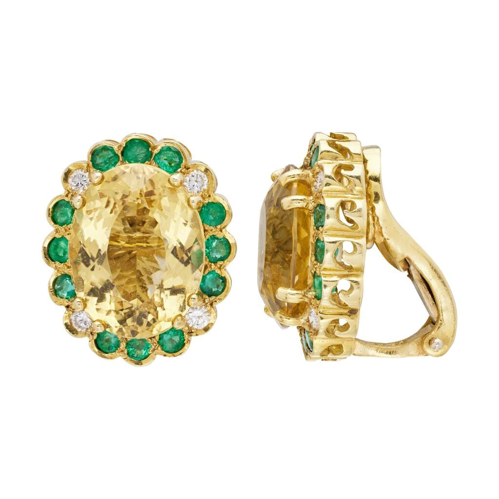 Gold, 14.00ctw Heliodor, Emerald and Diamond Earclips