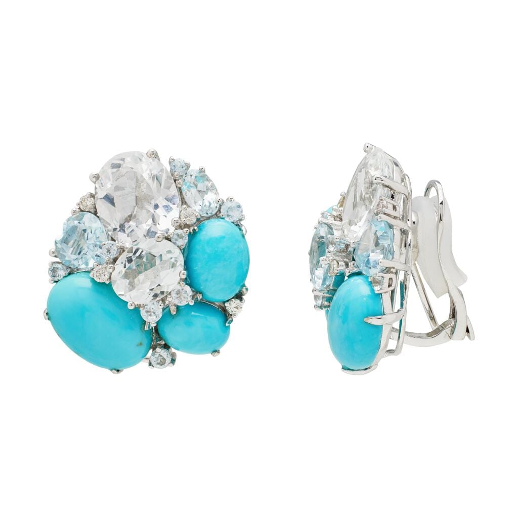 White Gold, Turquoise, Aquamarine, Topaz, and Diamond Earclips