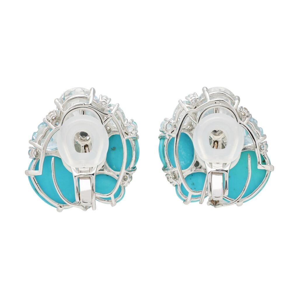 White Gold, Turquoise, Aquamarine, Topaz, and Diamond Earclips