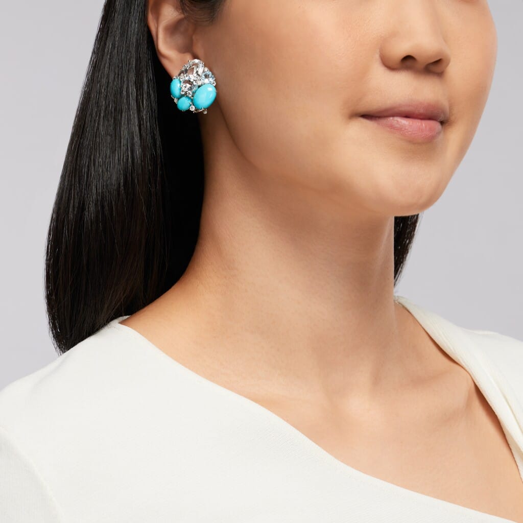 White Gold, Turquoise, Aquamarine, Topaz, and Diamond Earclips