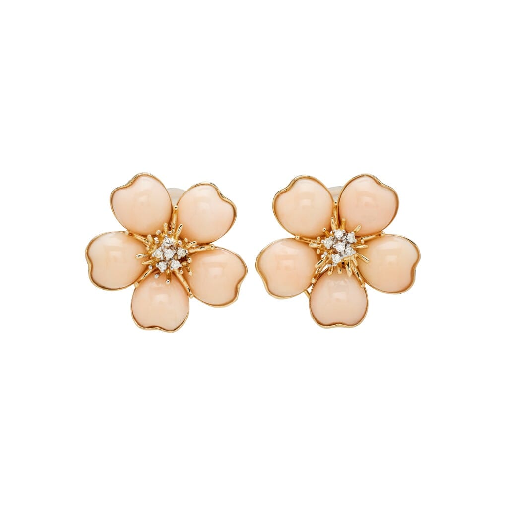 Gold, Coral and Diamond Floral Earclips