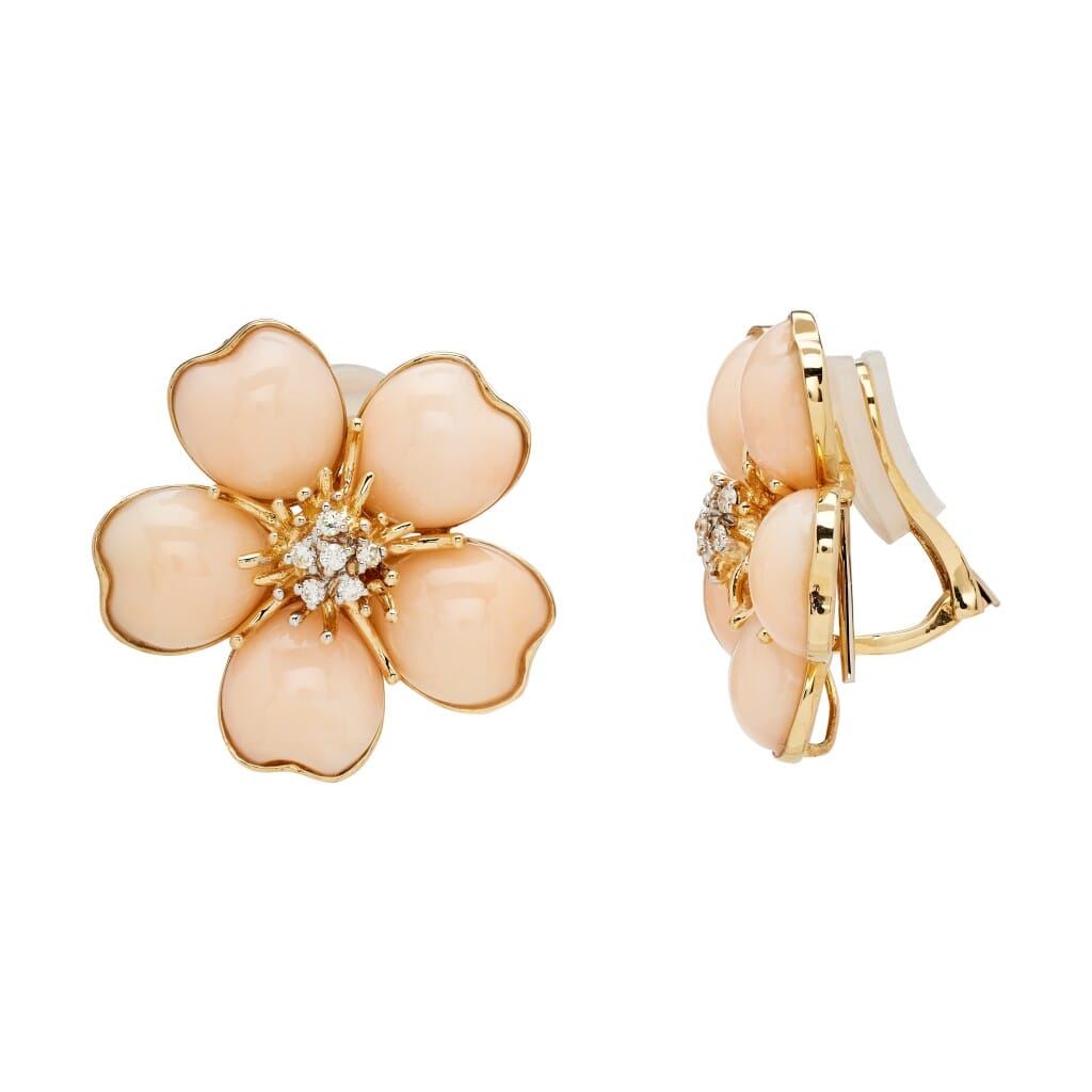 Gold, Coral and Diamond Floral Earclips