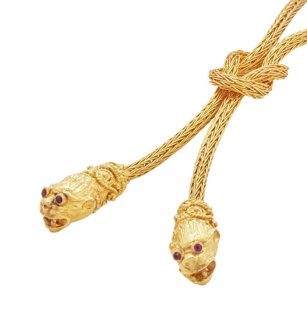 Gold and Ruby Lionhead Lariat Necklace