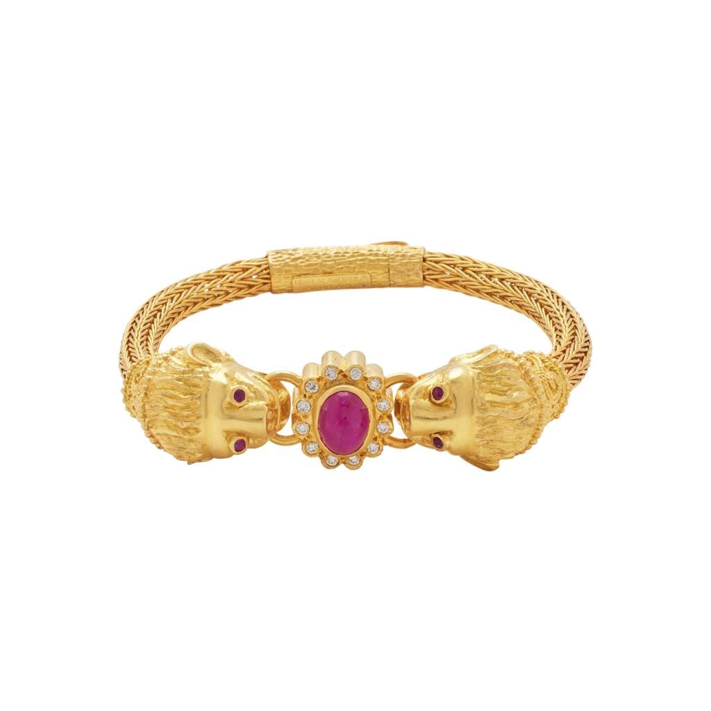 Gold, Ruby and Diamond Double Lion Head Bracelet