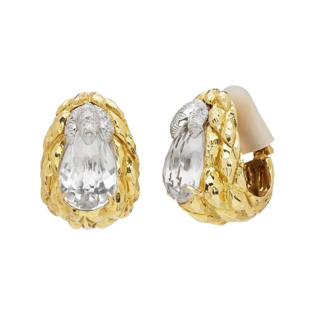 Gold, Platinum, Rock Crystal Quartz and Diamond Earclips