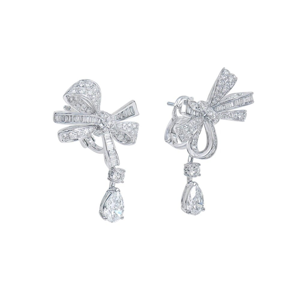 White Gold, 1.00ct Pear Shape Diamond and Diamond Bow Earclips