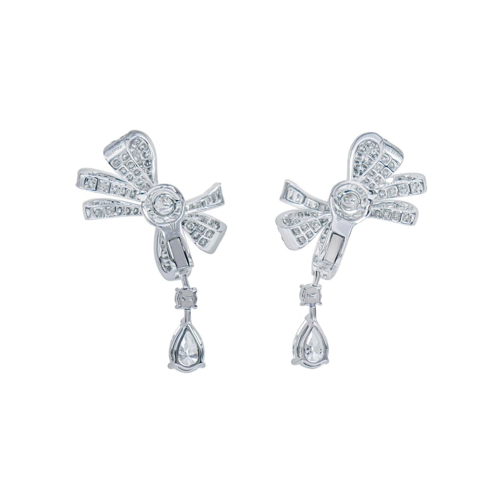 White Gold, 1.00ct Pear Shape Diamond and Diamond Bow Earclips