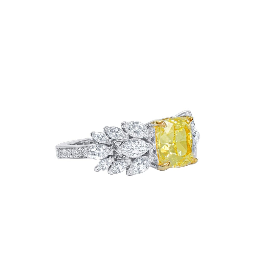 White Gold, 3.03ct Cushion Cut Fancy Yellow Diamond and Diamond Ring