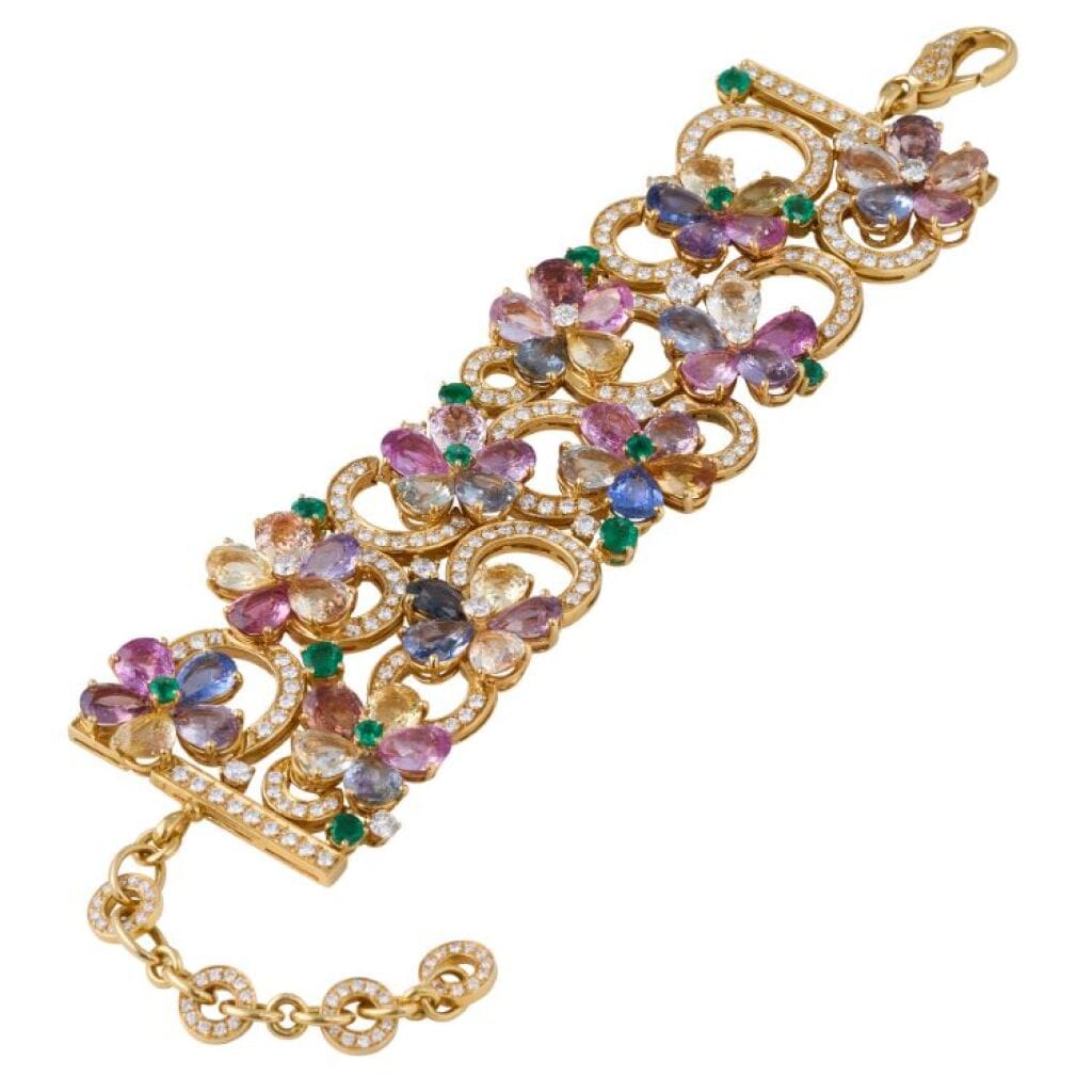 Gold, Multi Color Sapphires and diamond 'Sapphire Flower' Bracelet