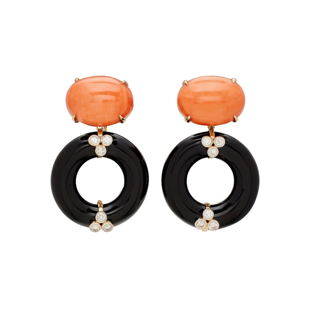 Gold, Coral, Onyx, and Diamond Drop Earrings