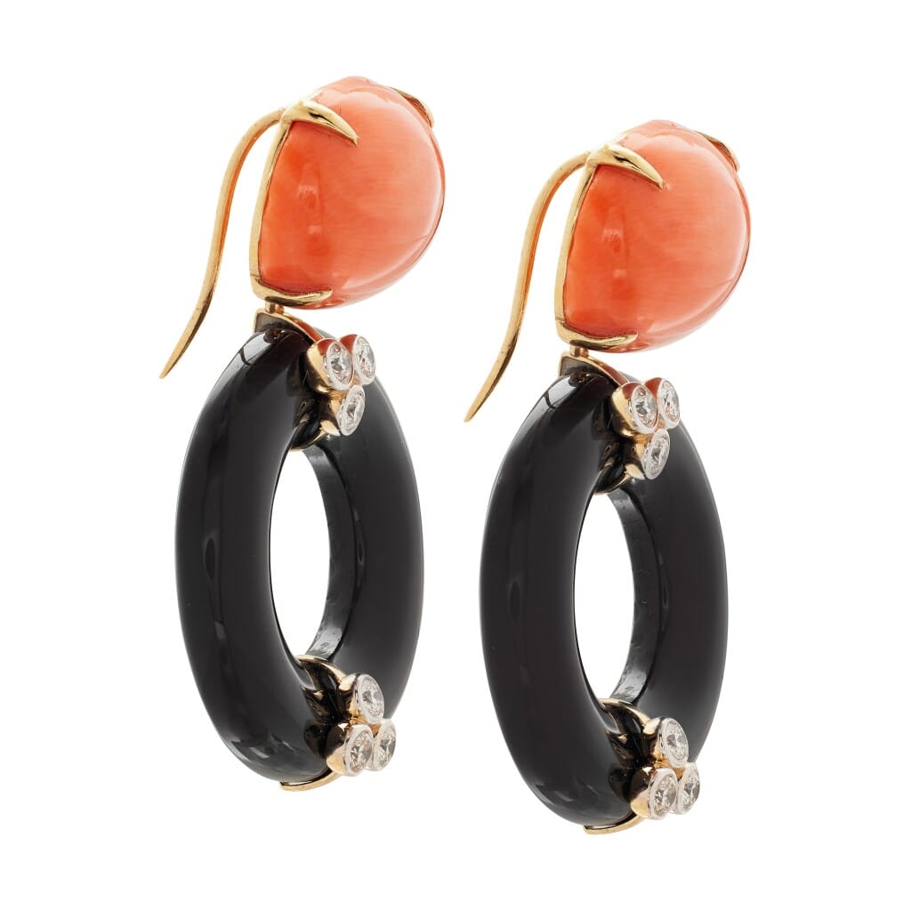 Gold, Coral, Onyx, and Diamond Drop Earrings