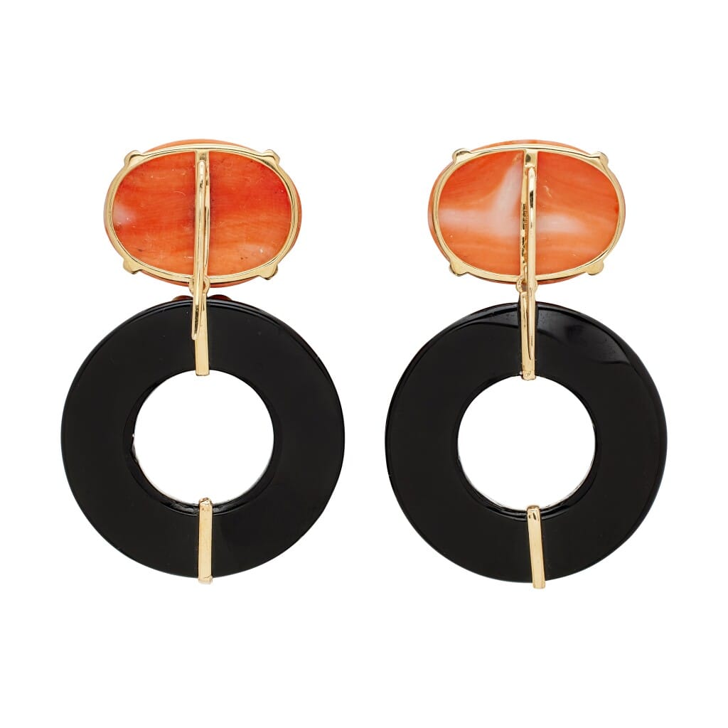 Gold, Coral, Onyx, and Diamond Drop Earrings