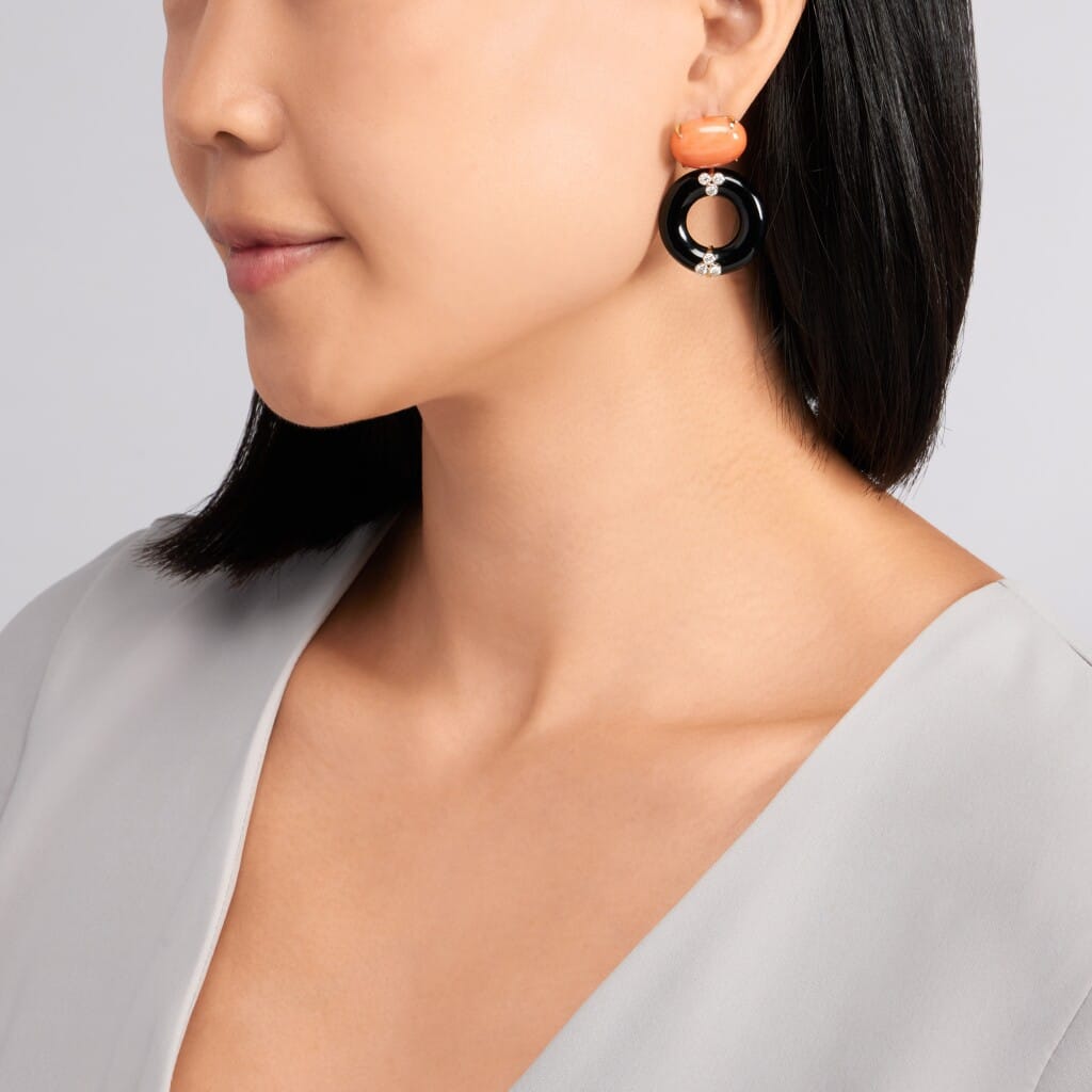 Gold, Coral, Onyx, and Diamond Drop Earrings