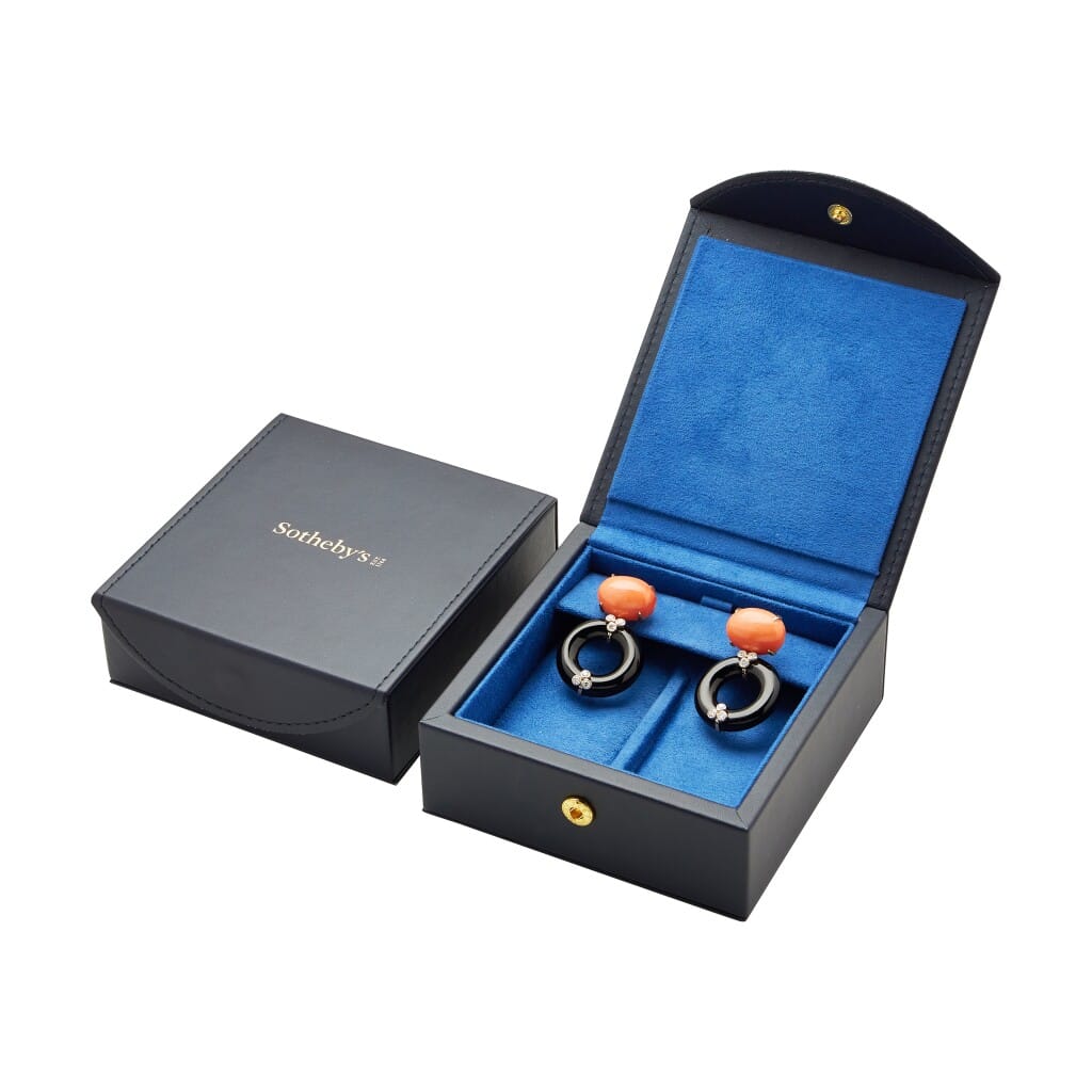 Gold, Coral, Onyx, and Diamond Drop Earrings