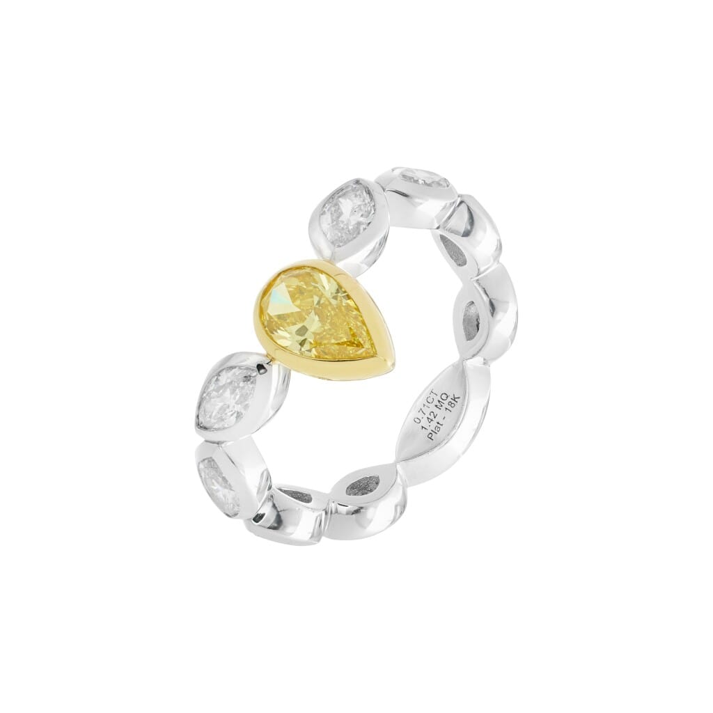 Platinum, Gold, 0.71ct Pear Shape Fancy Vivid Yellow Diamond and Diamond Ring