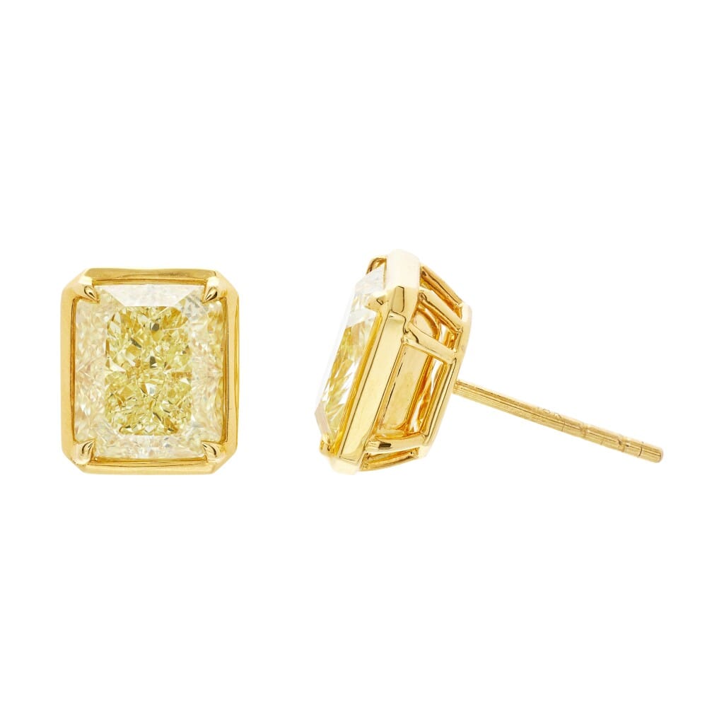 Gold and 6.02ctw Radiant Cut Fancy Yellow Diamond Stud Earrings