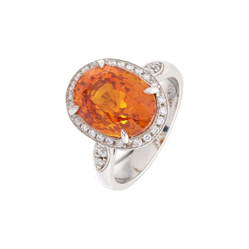 White Gold, 8.54ct Ceylon Orange-Yellow Sapphire and Diamond Ring
