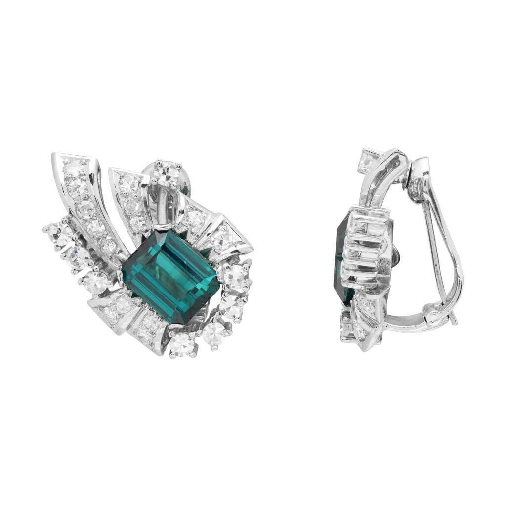 Vintage Platinum, Tourmaline and Diamond Earclips
