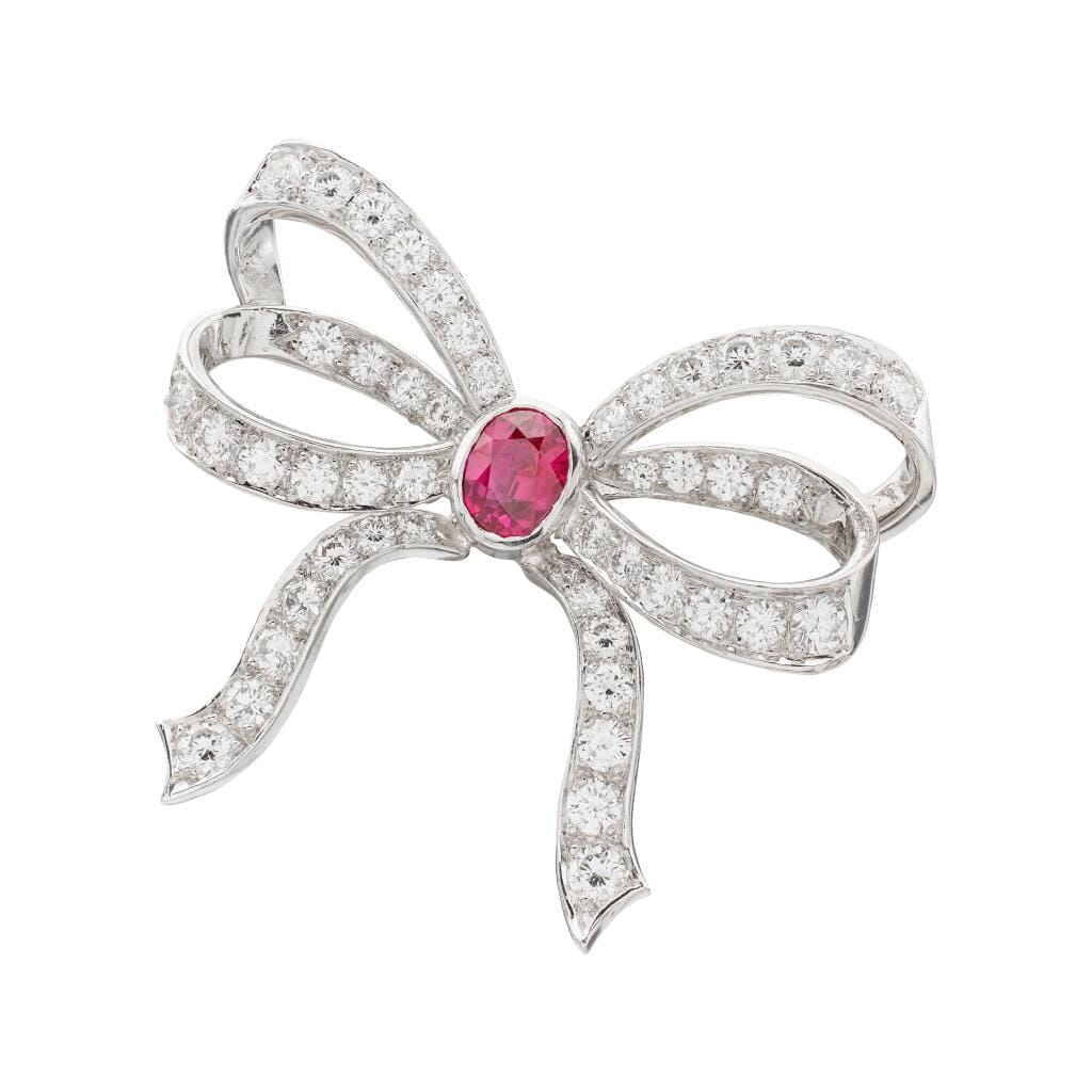 Platinum, 1.25ct Burmese Ruby and Diamond Bow Brooch