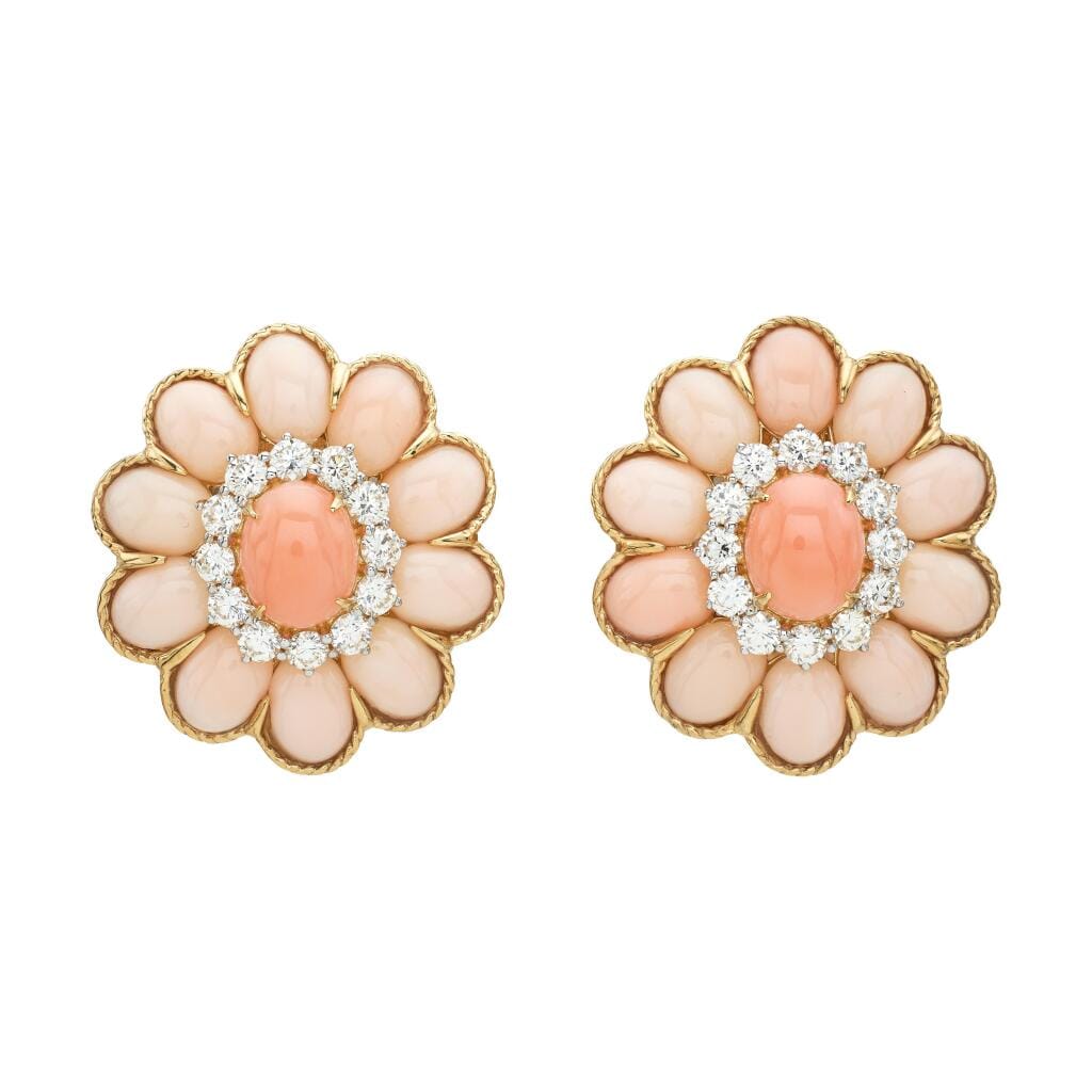 Gold, White Gold, Coral and Diamond Earclips