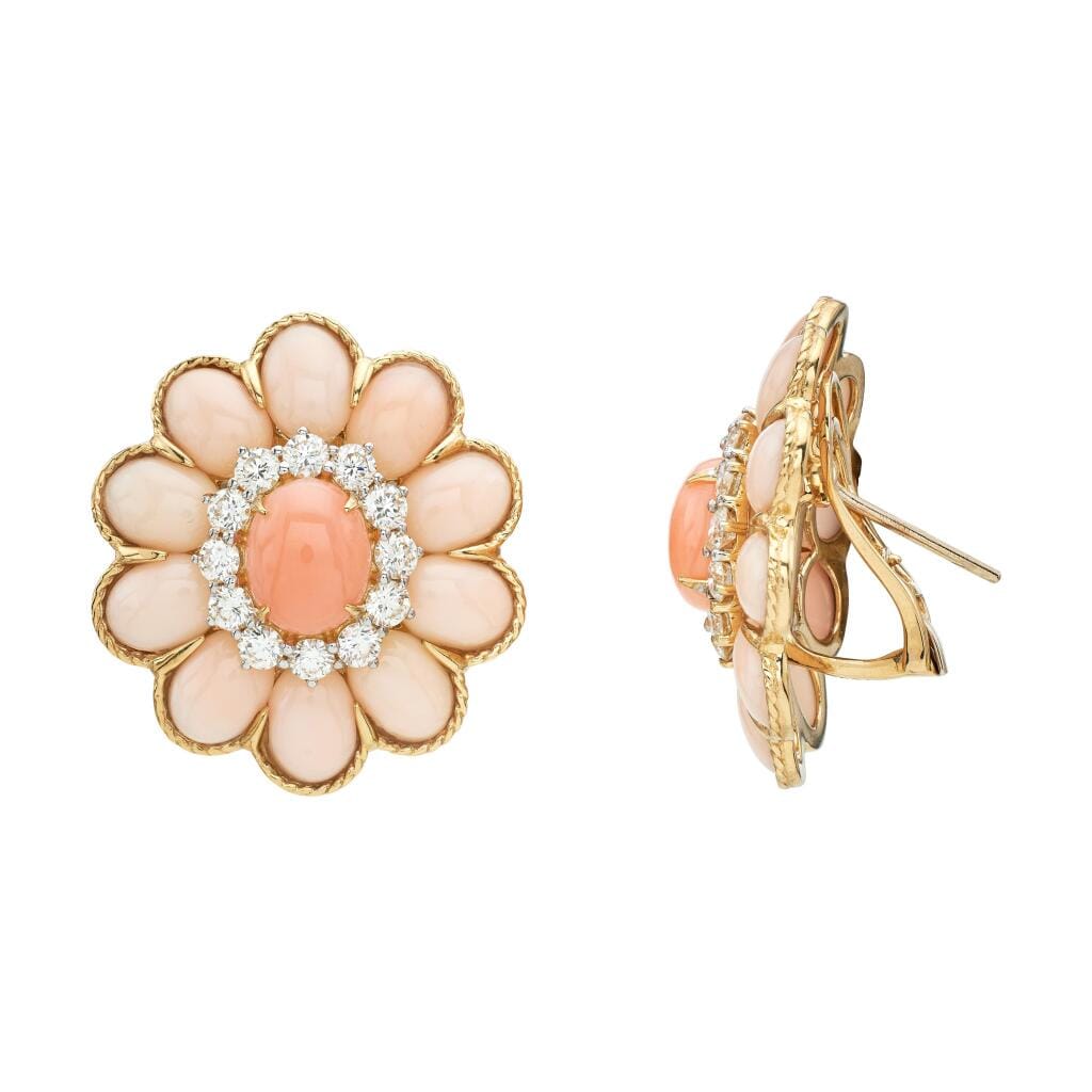 Gold, White Gold, Coral and Diamond Earclips