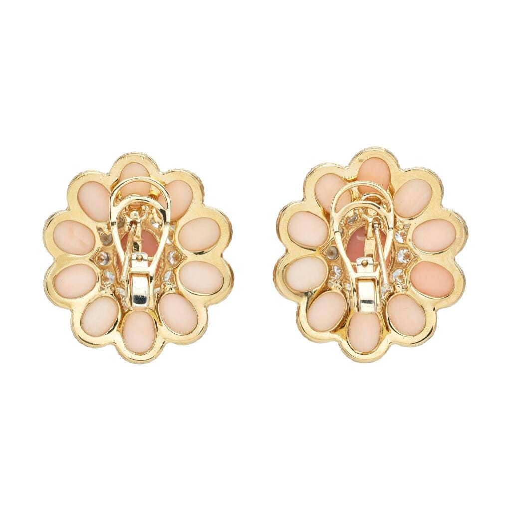 Gold, White Gold, Coral and Diamond Earclips