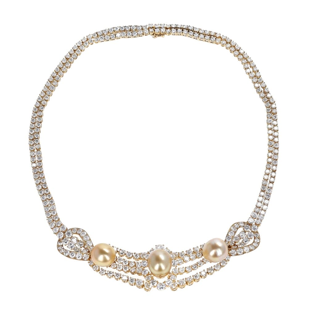 Gold, Cultured Pearl and Diamond Necklace