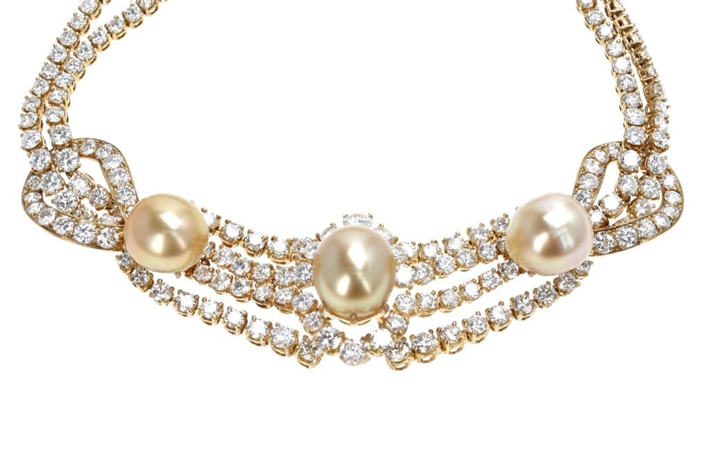 Gold, Cultured Pearl and Diamond Necklace