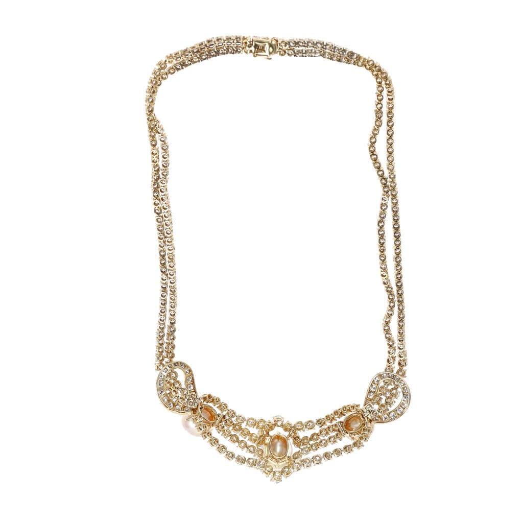 Gold, Cultured Pearl and Diamond Necklace