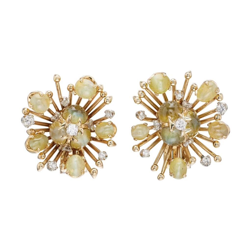 Vintage Gold, Cat's Eye Chrysoberyl and Diamond Earclips