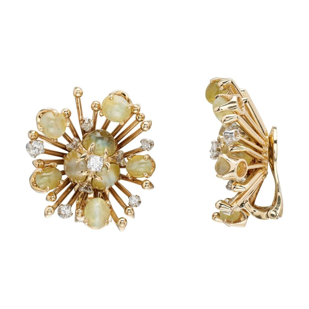Vintage Gold, Cat's Eye Chrysoberyl and Diamond Earclips