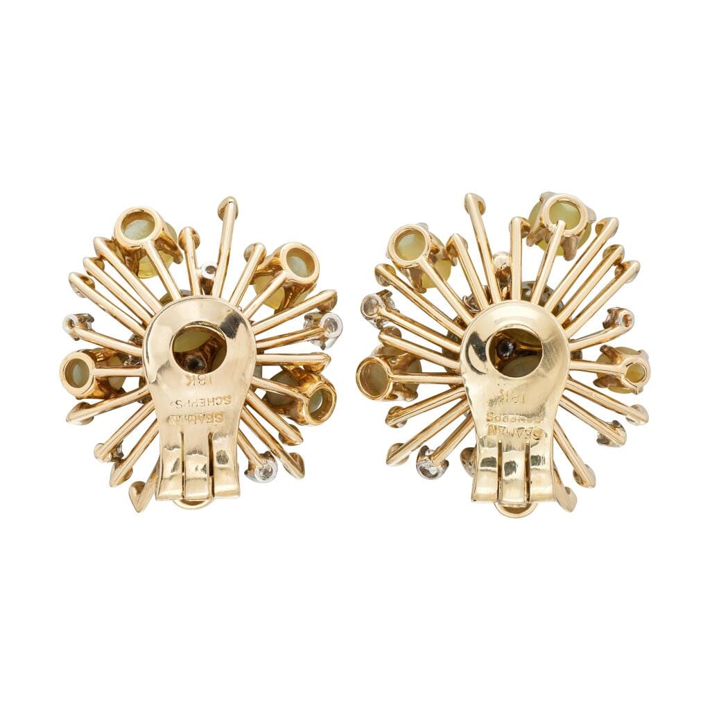 Vintage Gold, Cat's Eye Chrysoberyl and Diamond Earclips