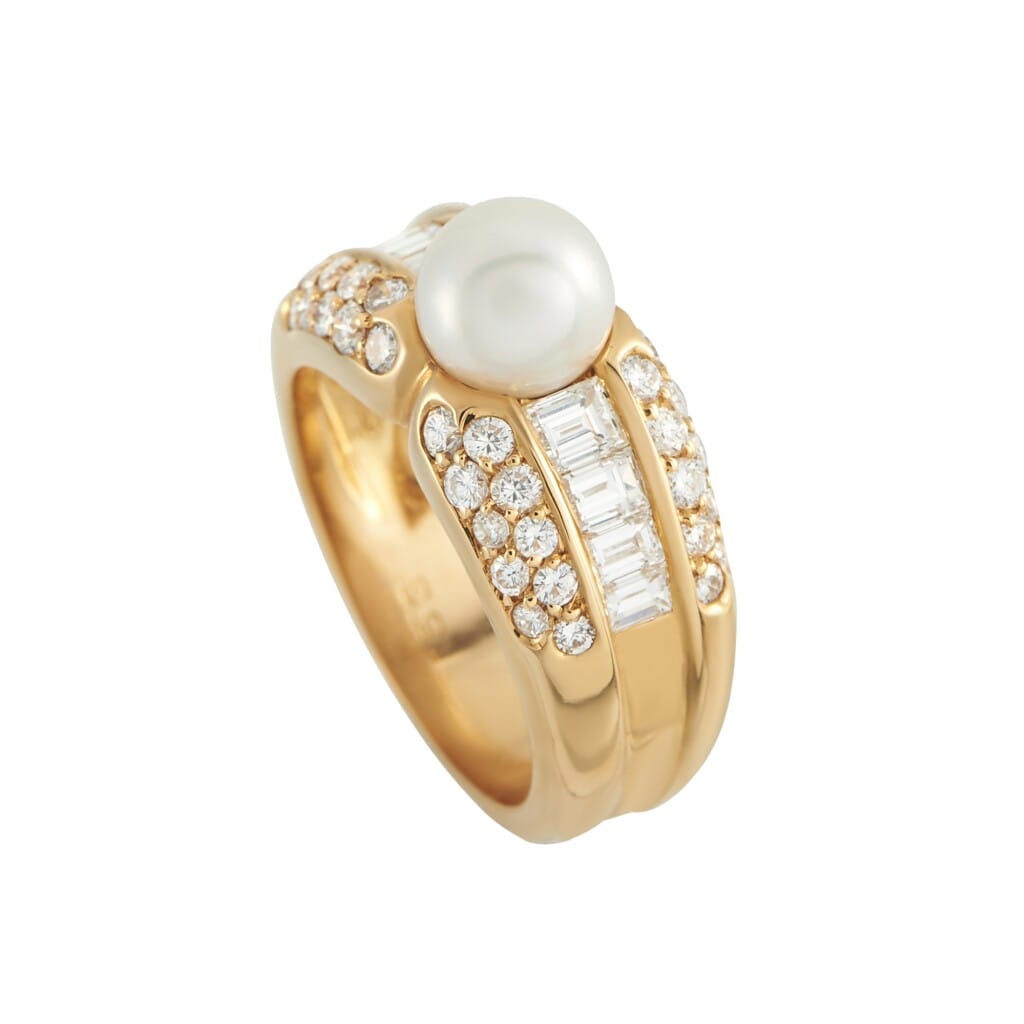 Gold, Cultured Pearl and Diamond Ring