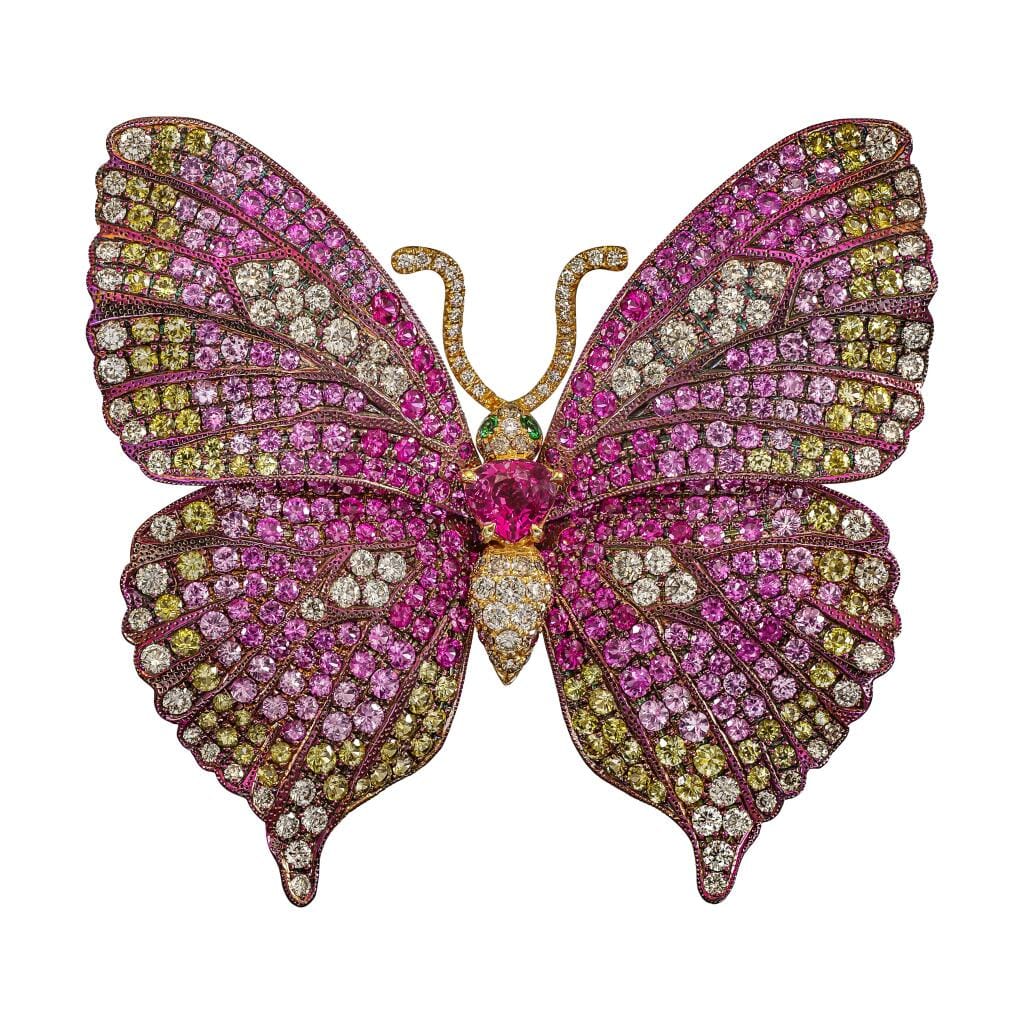 Titanium, Gold, Pink Sapphire, Gem Set and Colored Diamond 'BUTTERFLY' Brooch