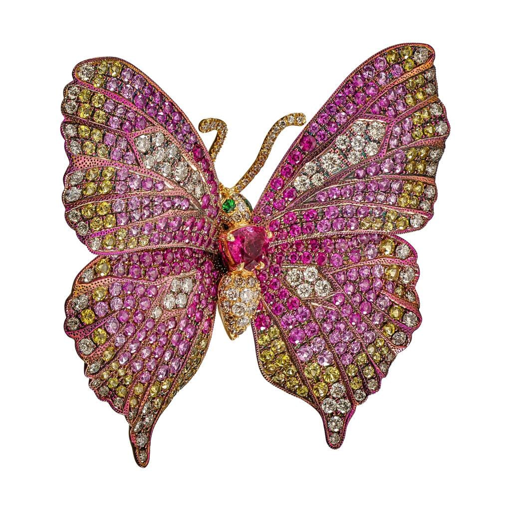 Titanium, Gold, Pink Sapphire, Gem Set and Colored Diamond 'BUTTERFLY' Brooch