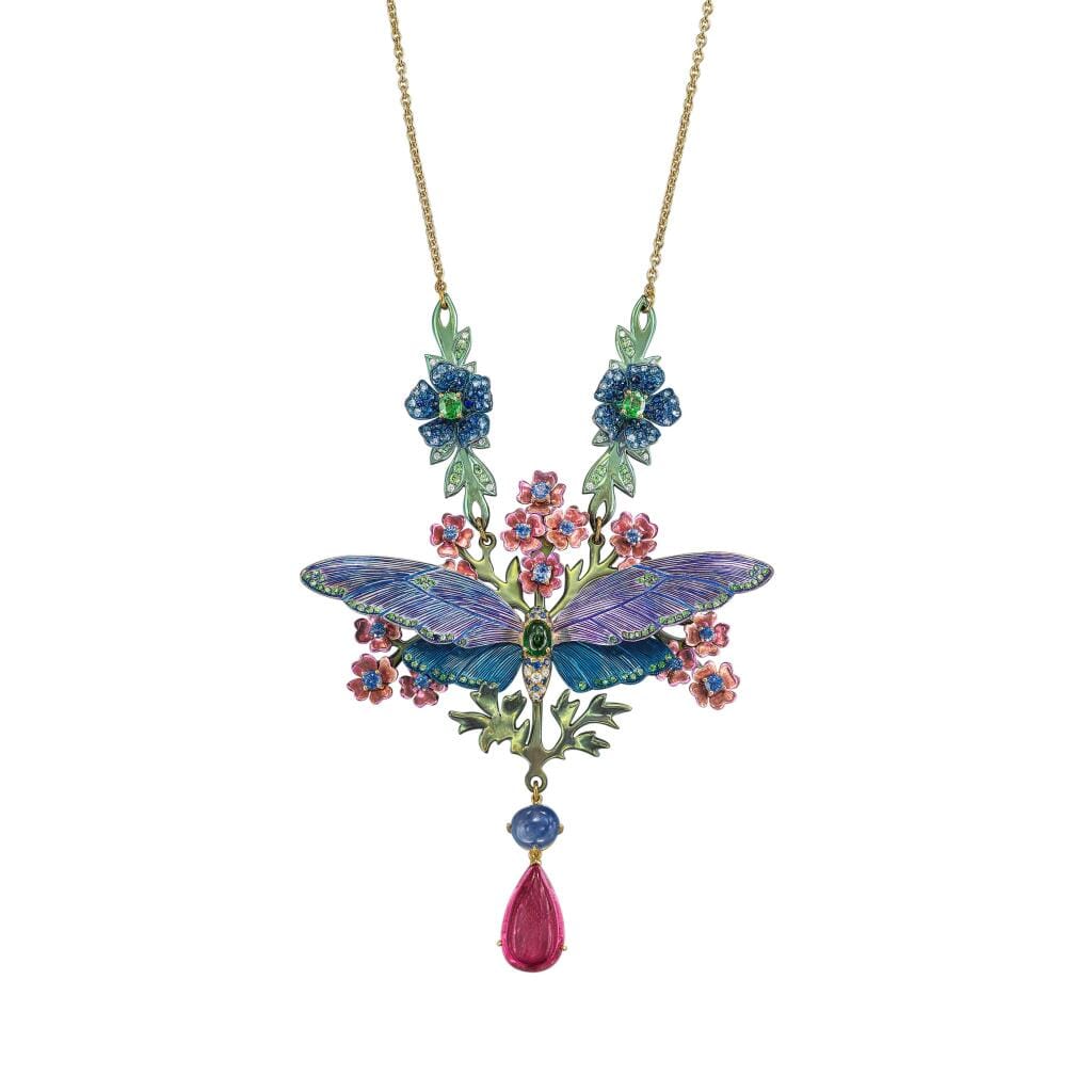 Titanium, Gold, Rubellite, Gem Set and Diamond Pendant Necklace