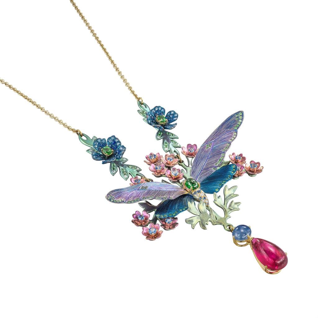 Titanium, Gold, Rubellite, Gem Set and Diamond Pendant Necklace