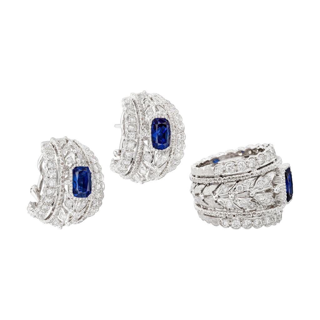 White Gold, Ceylon Sapphire and Diamond Ring and Earclips Set