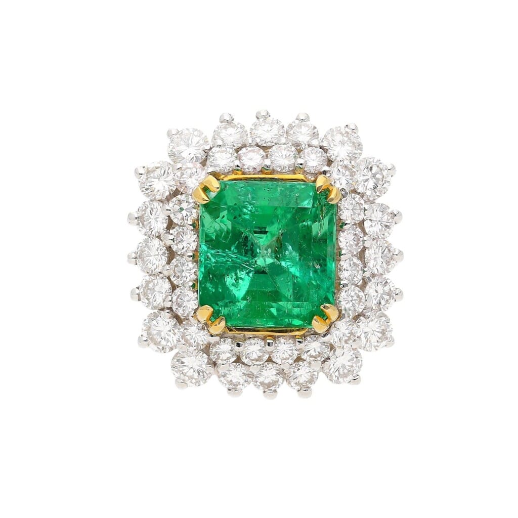 Platinum, Gold, 4.30ct Colombian Emerald and Diamond Ring