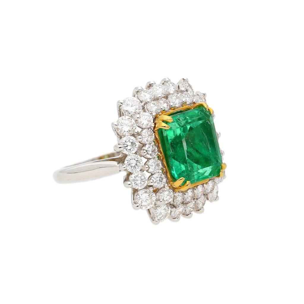 Platinum, Gold, 4.30ct Colombian Emerald and Diamond Ring