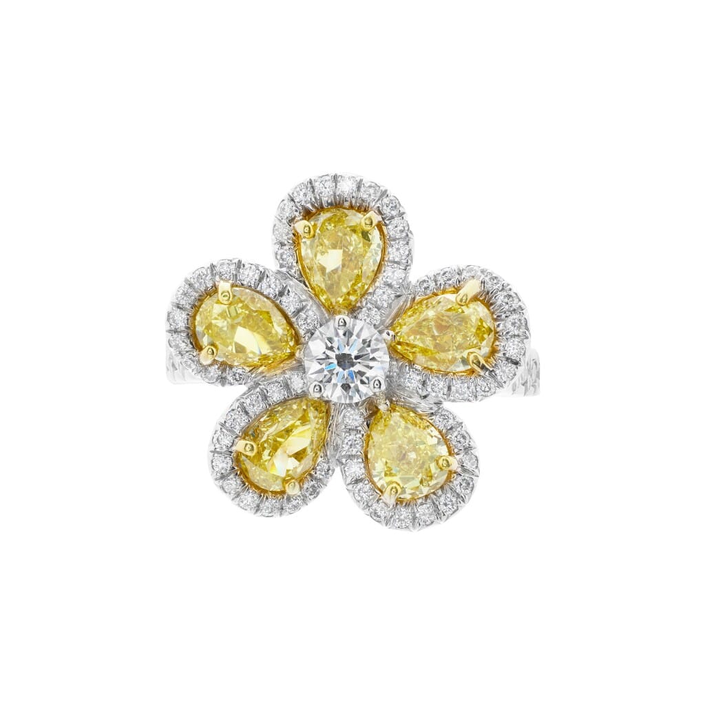 White Gold, Gold, Yellow Diamond and Diamond Flower Ring