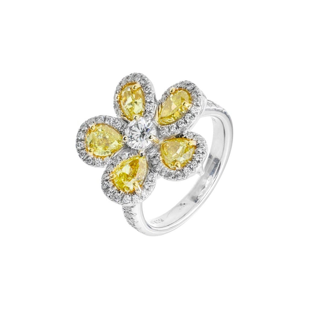 White Gold, Gold, Yellow Diamond and Diamond Flower Ring